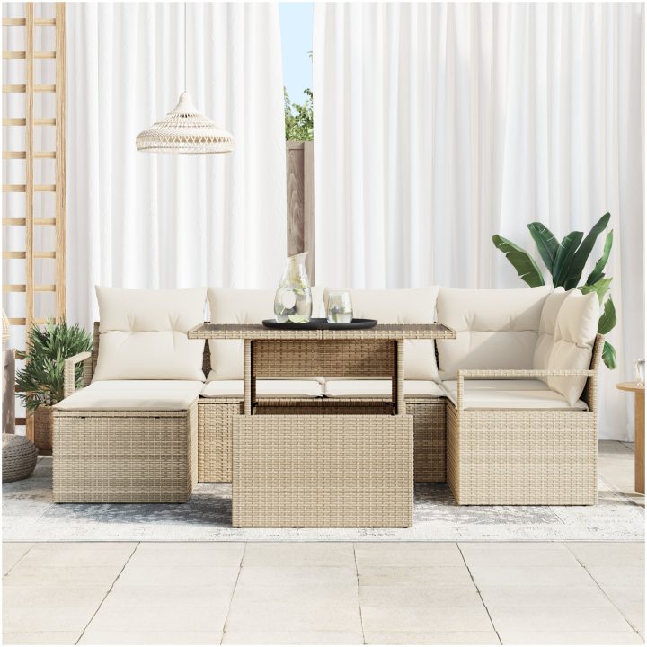 7-delat trädgårdsoff set med kuddar beige poly rattan vidaXL Större – bild 3