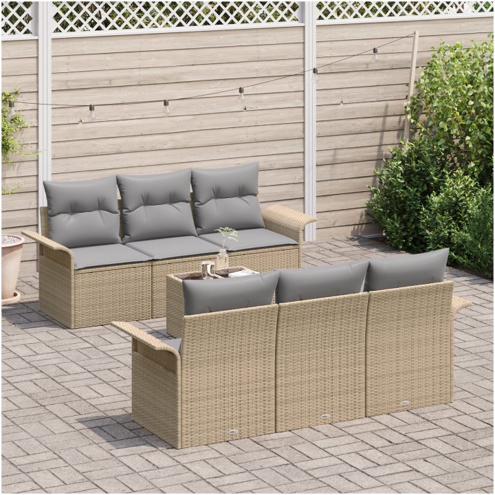 7-delat trädgårdsoff-set med kuddar Beige Poly Rotting vidaXL 55 x 55 x 37 cm – bild 3