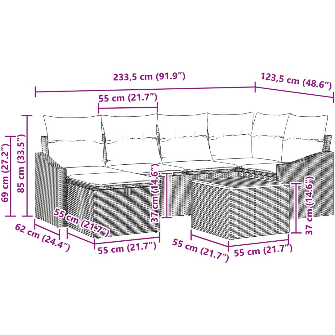 7-delat trädgårdsoff set med kuddar Beige Poly rotting vidaXL 55 x 55 x 37 cm – bild 11