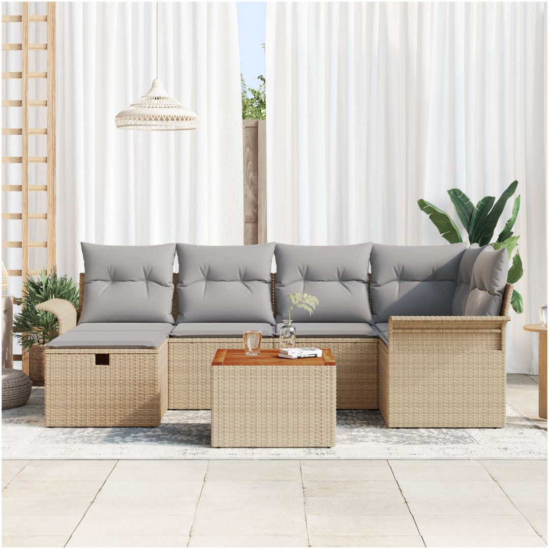 7-delat trädgårdsoff-set med kuddar beige poly-rotting vidaXL Stor – bild 3