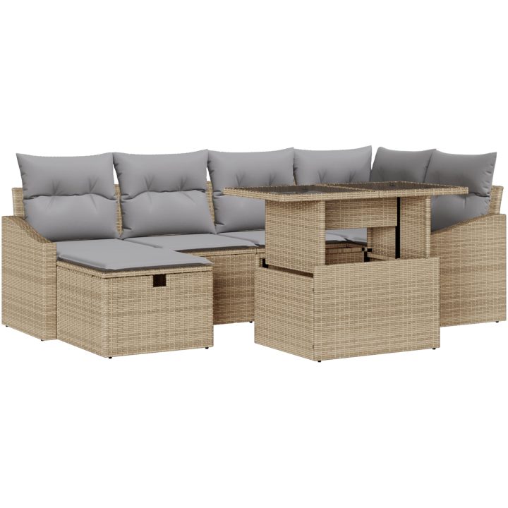 7-delat trädgårdsoff-set med kuddar Beige Poly Rottning vidaXL 100 x 55 x 73 cm – bild 2
