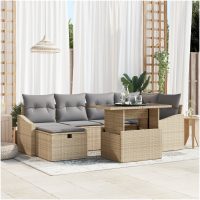 7-delat trädgårdsoff-set med kuddar Beige Poly Rottning vidaXL
