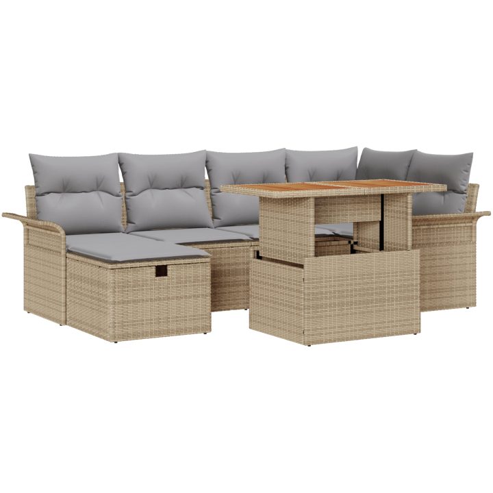 7-delat trädgårdsoff set med kuddar beige polyrotting vidaXL 100 x 55 x 73 cm – bild 2