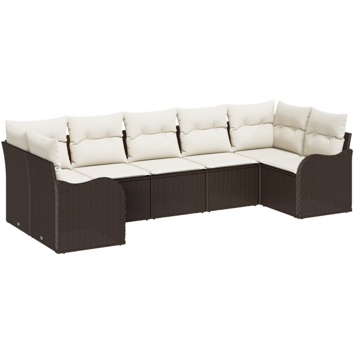 7-delat trädgårdsoff-set med kuddar brun poly rattan vidaXL Stor – bild 2