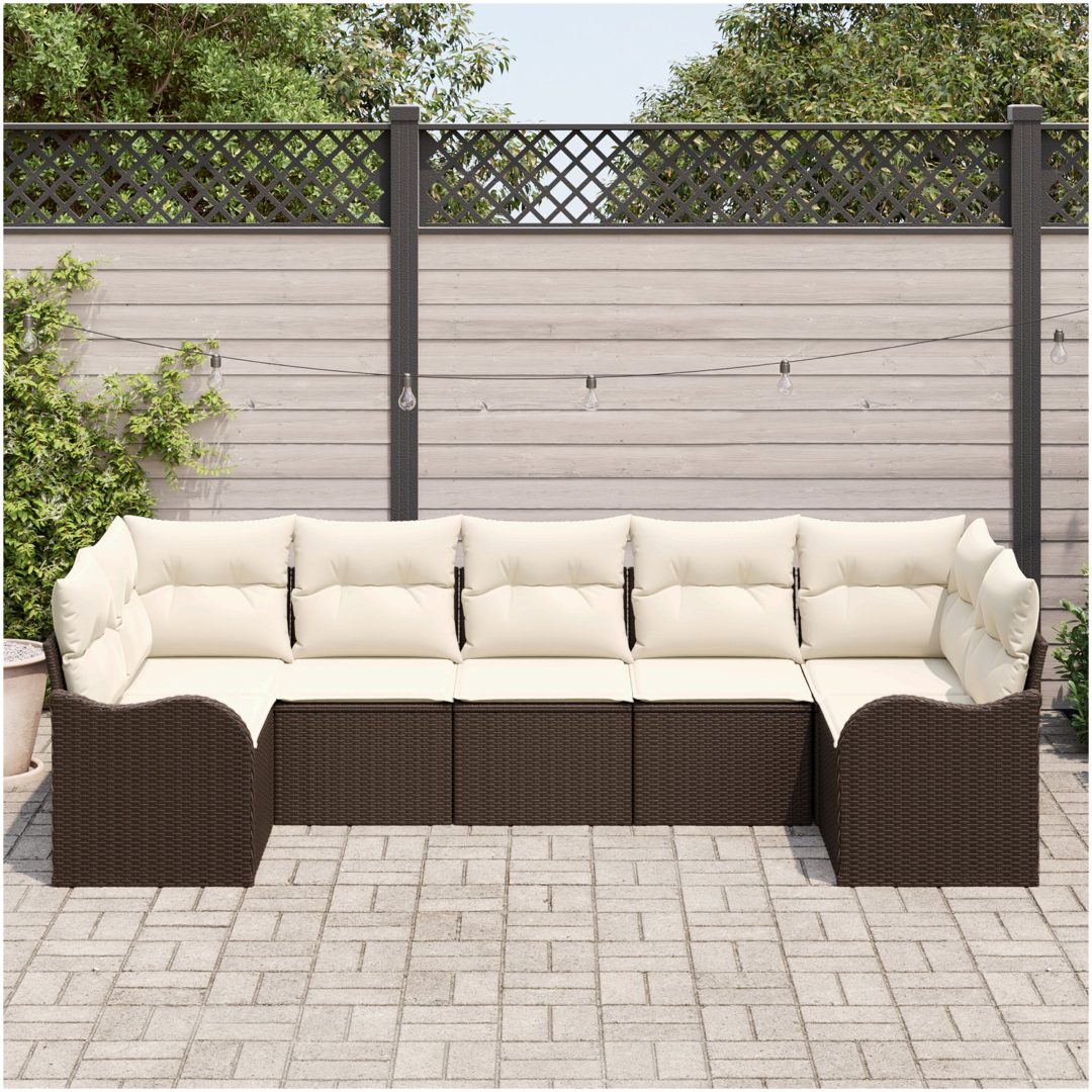 7-delat trädgårdsoff-set med kuddar brun poly rattan vidaXL Stor – bild 3
