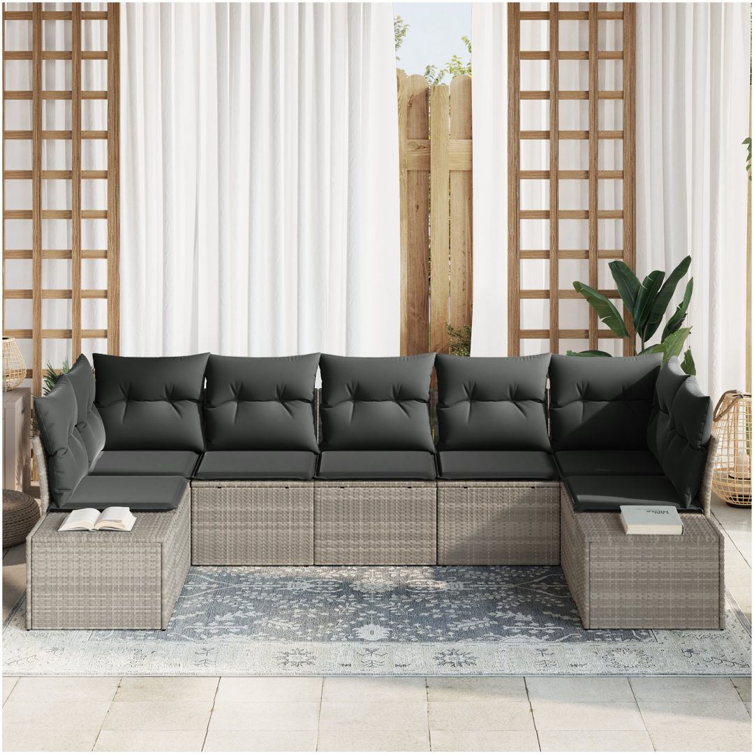 7-delat trädgårdsoff-set med kuddar Ljusgrå Poly Rattan vidaXL 289 x 154 x 85 cm – bild 3
