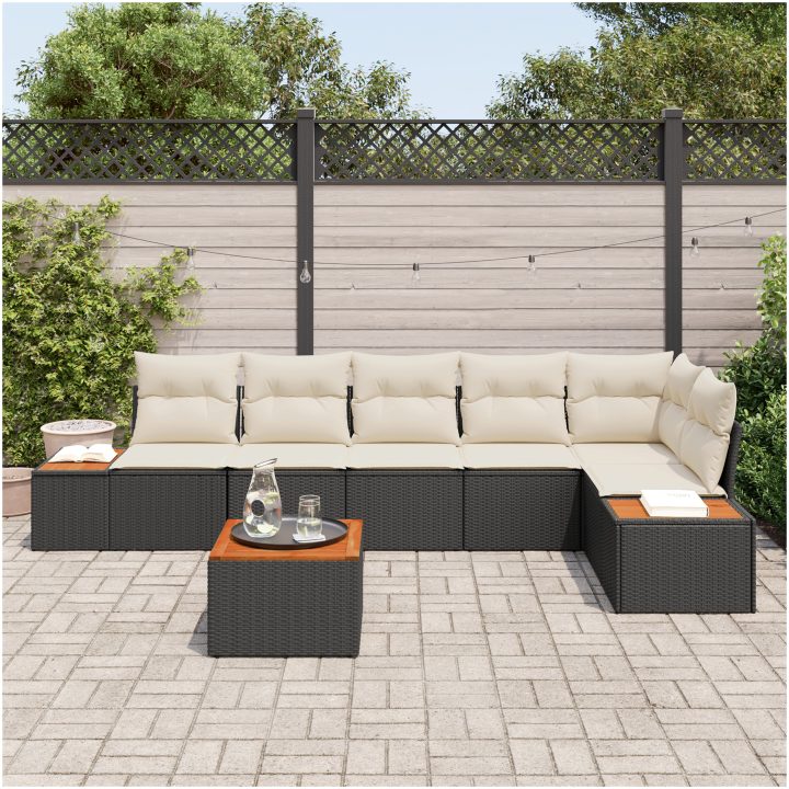 7-delat trädgårdsoff set med kuddar svart poly rattan akacia vidaXL 55 x 55 x 37 cm – bild 3
