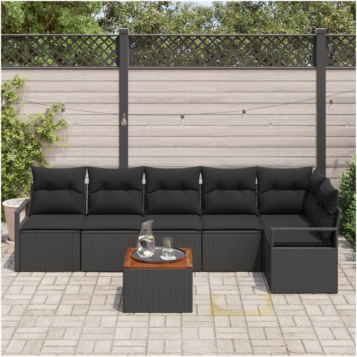 7-delat trädgårdsoff-set med kuddar svart poly rattan akacia vidaXL Stor – bild 3