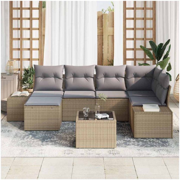 7-delat Trädgårdsoff set med kuddar, svart poly rattan vidaXL 264 x 154 x 85 cm – bild 3