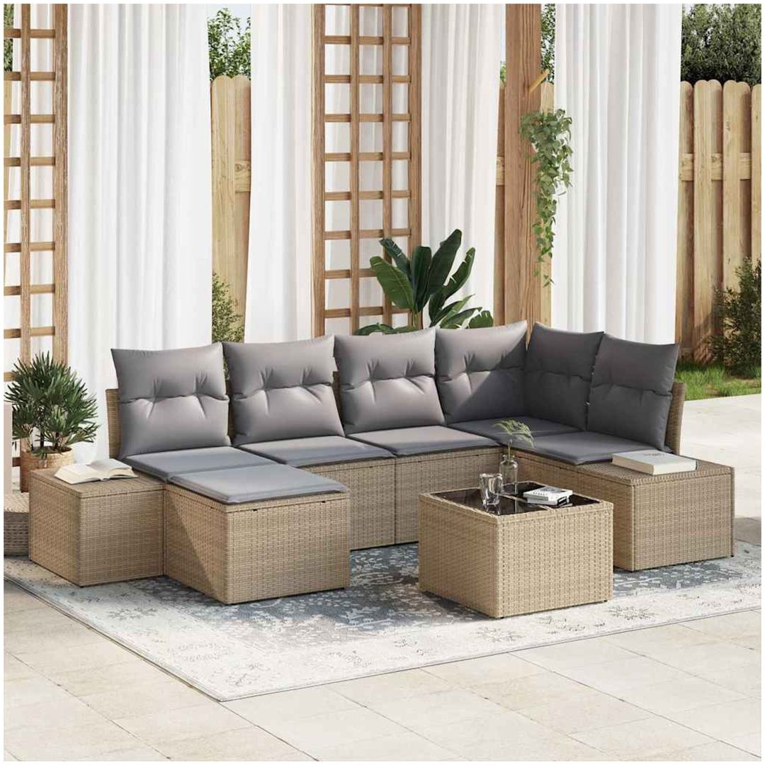 7-delat Trädgårdsoff set med kuddar, svart poly rattan vidaXL 264 x 154 x 85 cm