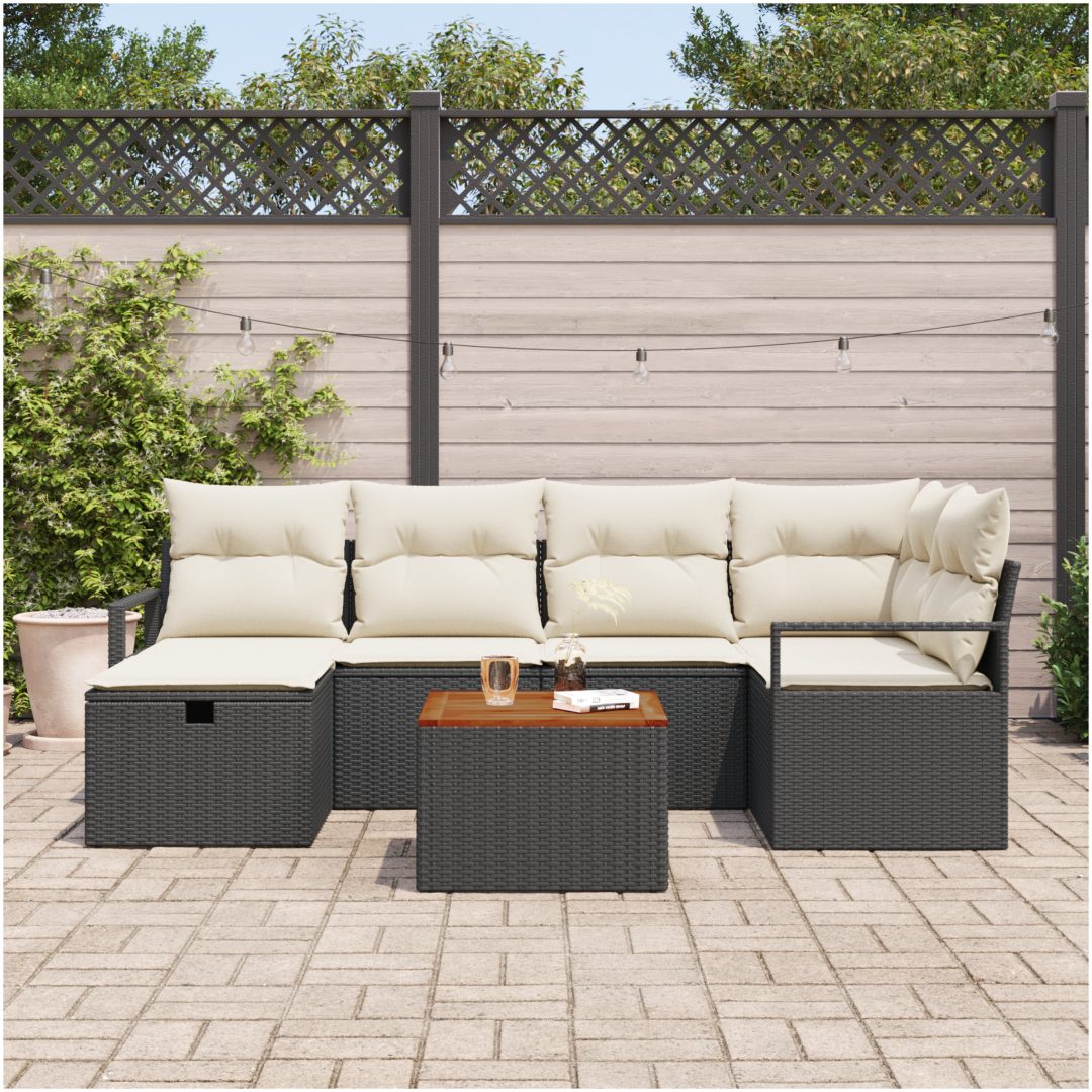 7-delat trädgårdsoff-set med kuddar svart poly rattan vidaXL Stor – bild 3