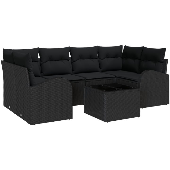 7-delat Trädgårdsoff-set med Kuddar Svart Poly Rotting vidaXL 55 x 55 x 37 cm – bild 2