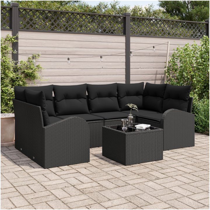 7-delat Trädgårdsoff-set med Kuddar Svart Poly Rotting vidaXL 55 x 55 x 37 cm – bild 3