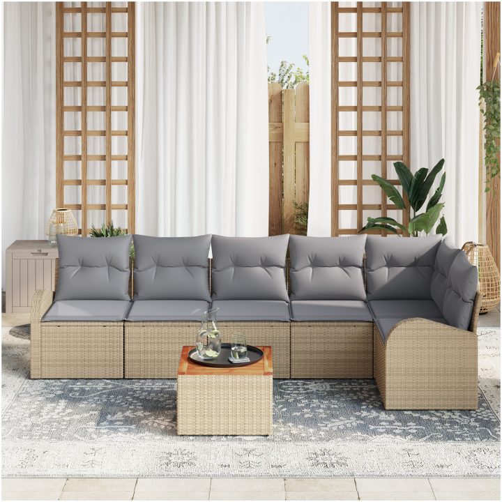7-delat trädgårdsoffakitet med kuddar Beige Poly Rottning Akacia vidaXL 55 x 55 x 37 cm – bild 3