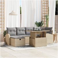 7-delat trädgårdsoffapaket med kuddar Beige Poly Rattan vidaXL