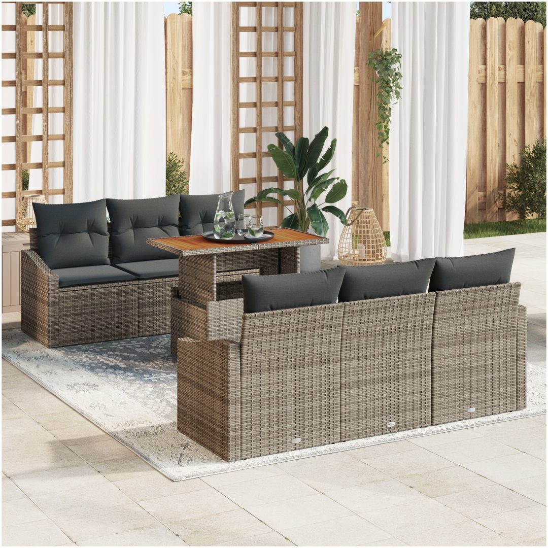 7-delat trädgårdsoffas med kuddar Grå Poly Rattan vidaXL 100 x 55 x 73 cm