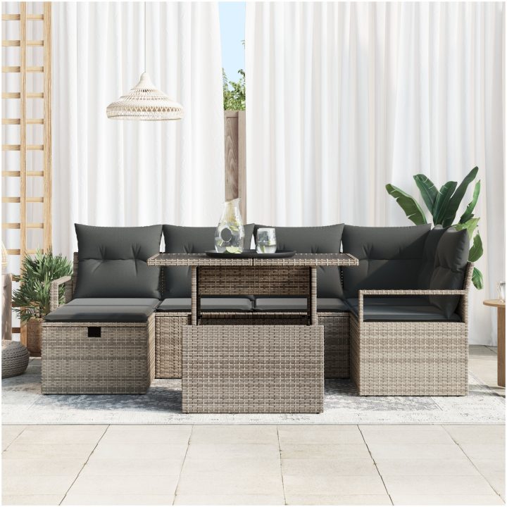 7-delat trädgårdsoffas med kuddar grått poly rattan vidaXL Stor – bild 3