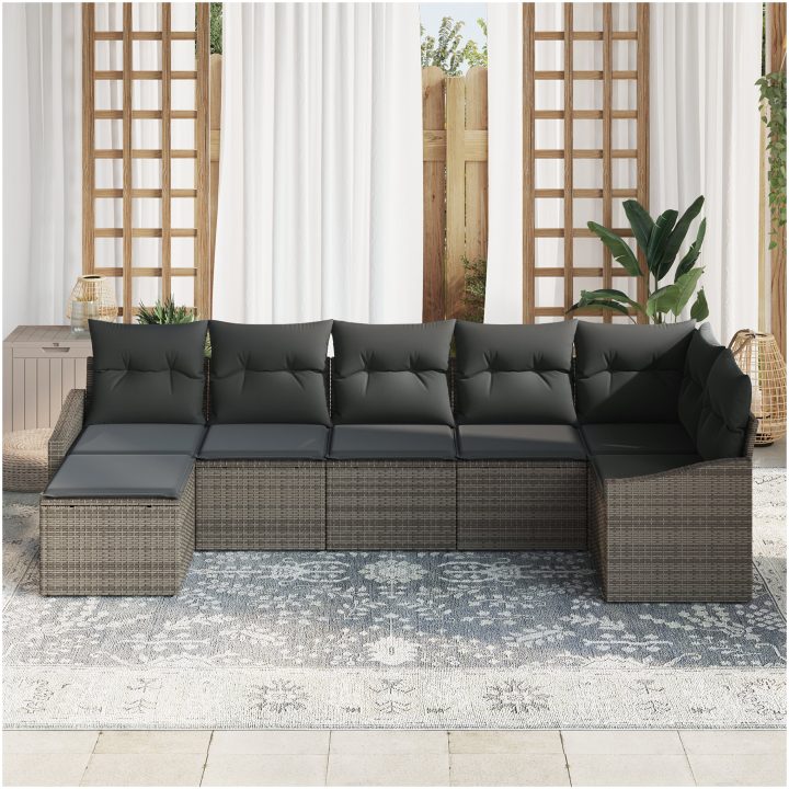 7-delat trädgårdsoffaset med dynor grå poly rotting vidaXL 288.5 x 123.5 x 85 cm – bild 3