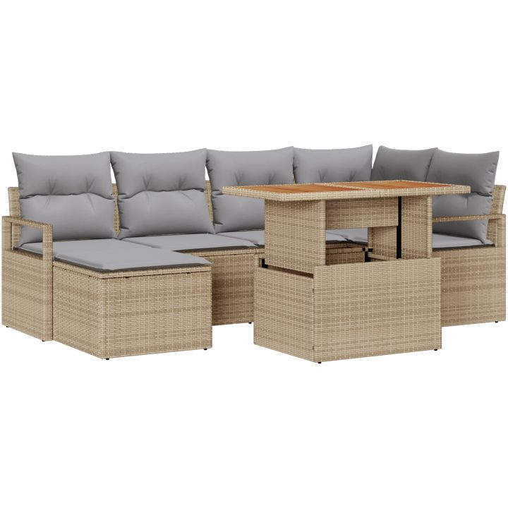 7-delat trädgårdsoffaset med kuddar beige poly rattan akacia vidaXL Stor – bild 2