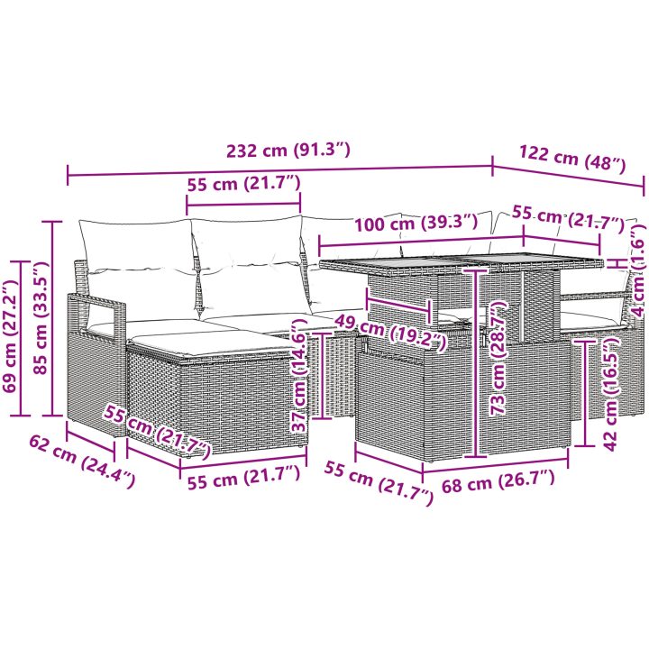 7-delat trädgårdsoffaset med kuddar beige poly rattan akacia vidaXL Stor – bild 12