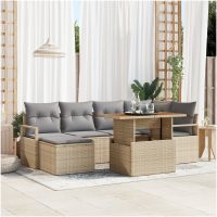 7-delat trädgårdsoffaset med kuddar beige poly rattan akacia vidaXL
