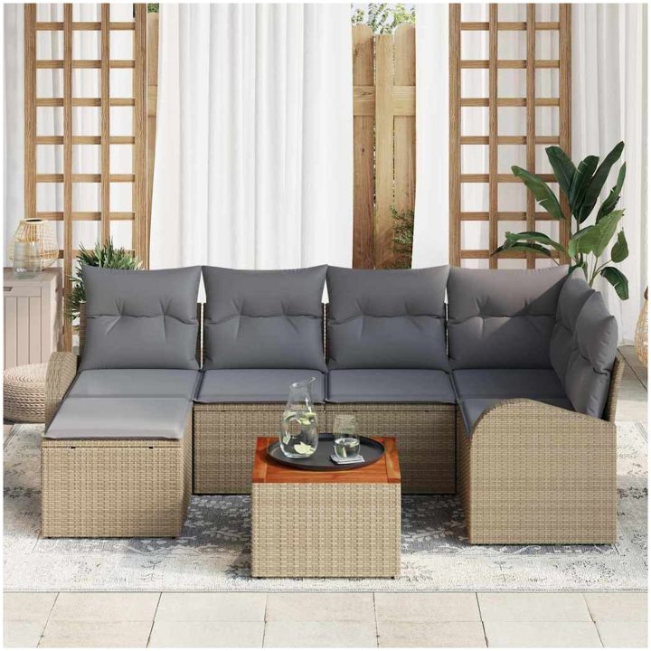 7-delat trädgårdsoffaset med kuddar beige Poly Rattan Akaciabord vidaXL 55 x 55 x 37 cm – bild 3