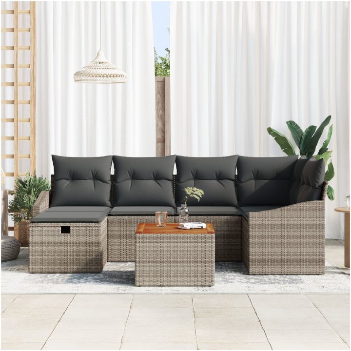 7-delat Trädgårdsoffaset med Kuddar Grå Poly Rattan vidaXL 55 x 55 x 37 cm – bild 3
