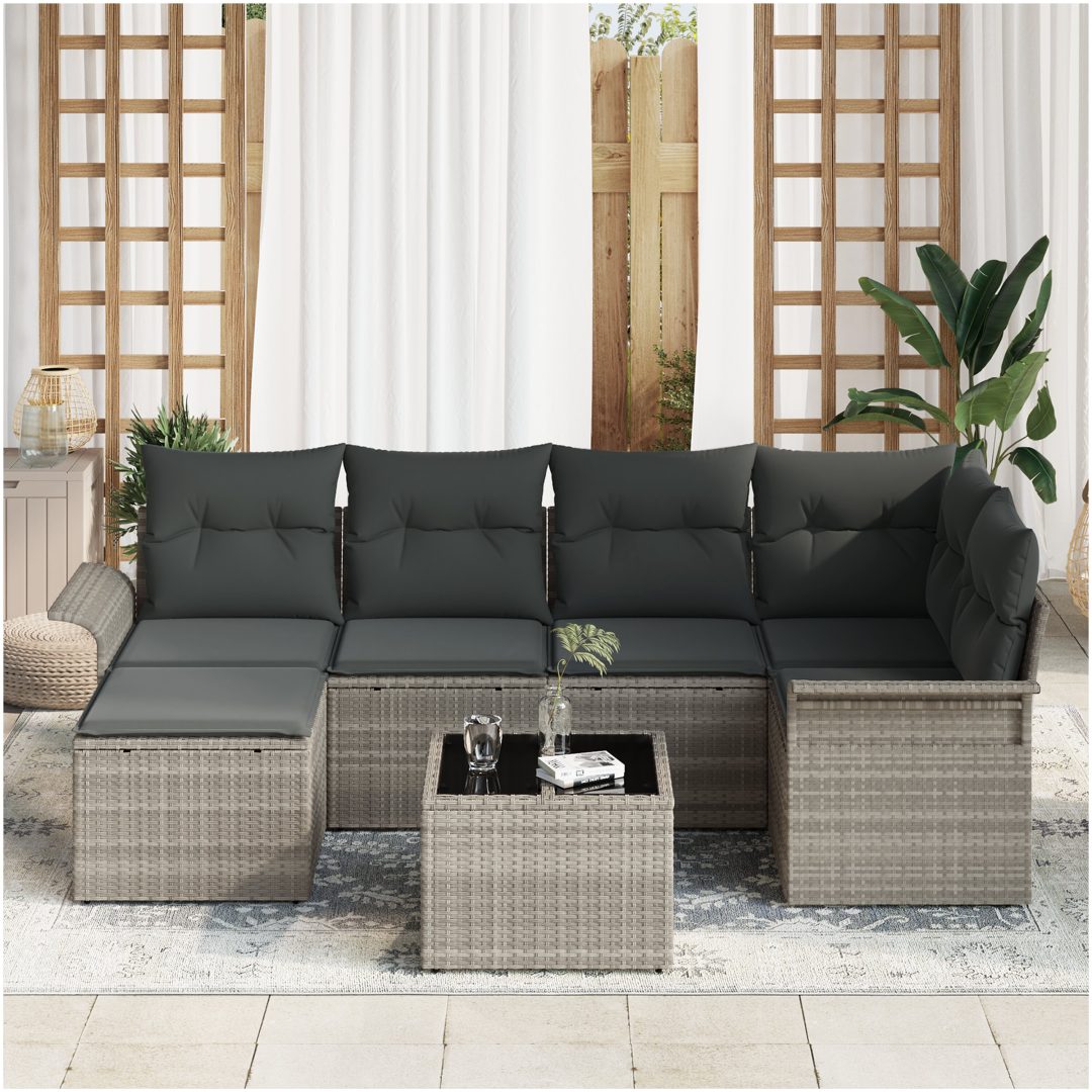 7-delat Trädgårdsoffaset med kuddar grå polyrottning vidaXL 55 x 55 x 37 cm – bild 3