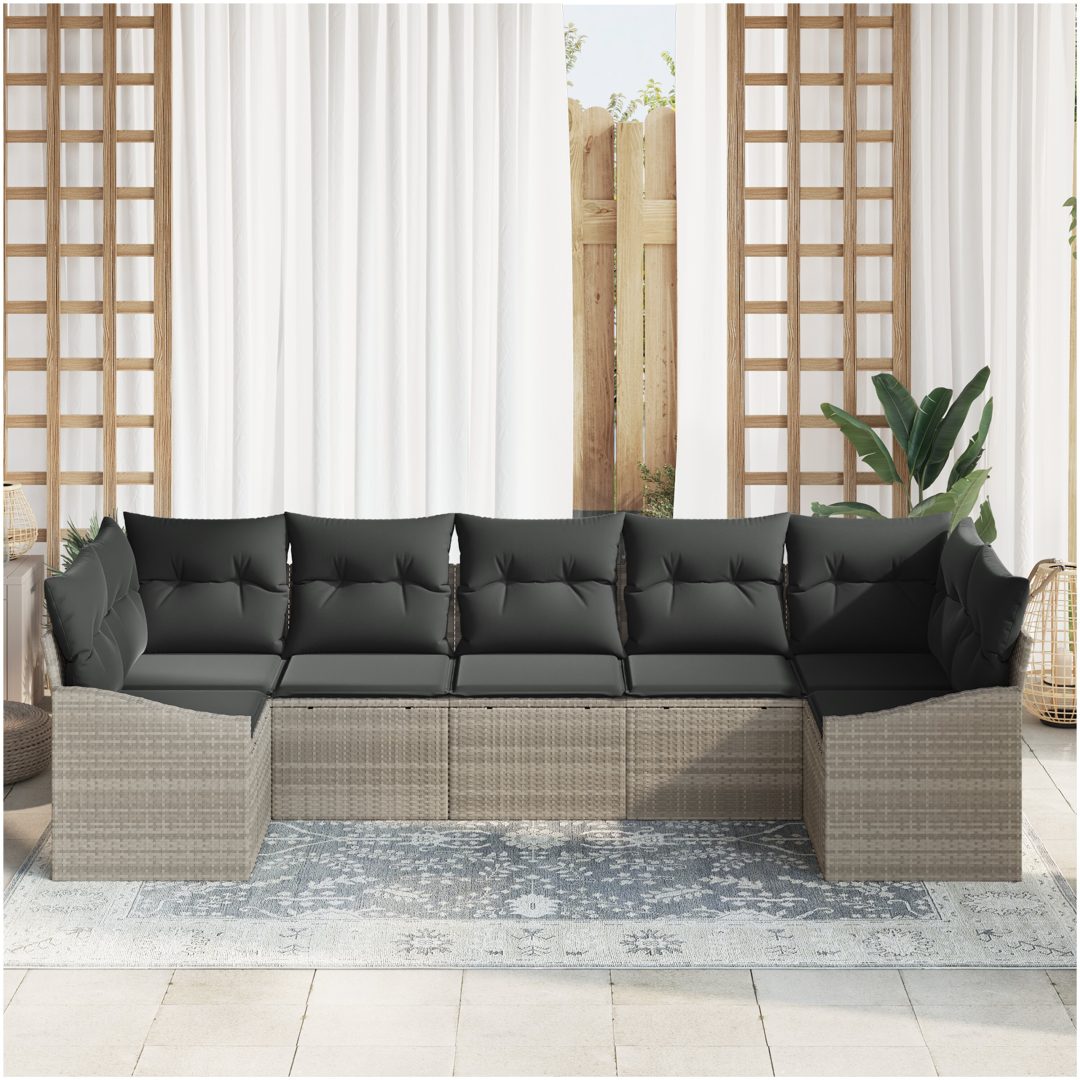 7-delat trädgårdsoffaset med kuddar Ljusgrå poly rattan vidaXL 289 x 123.5 x 85 cm – bild 3
