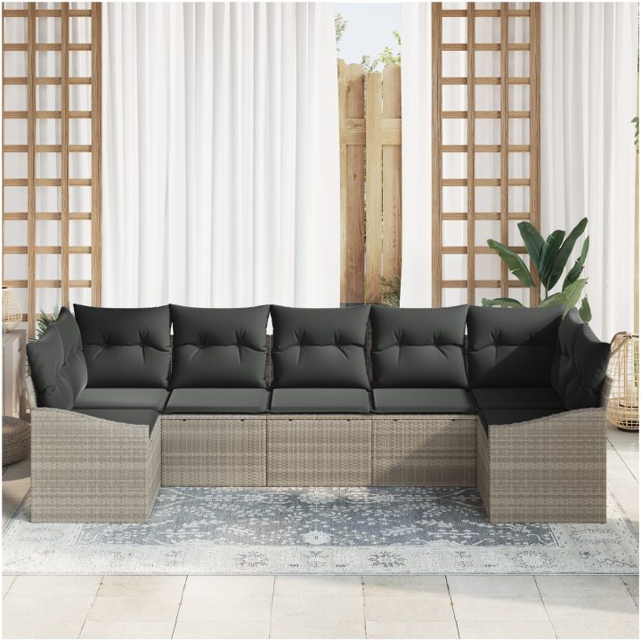 7-delat trädgårdsoffaset med kuddar Ljusgrå poly rattan vidaXL 289 x 123.5 x 85 cm – bild 3