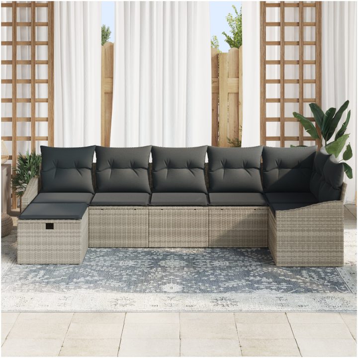 7-delat Trädgårdsoffaset med kuddar Ljusgrå Poly Rotting vidaXL 55 x 62 x 69 cm – bild 3