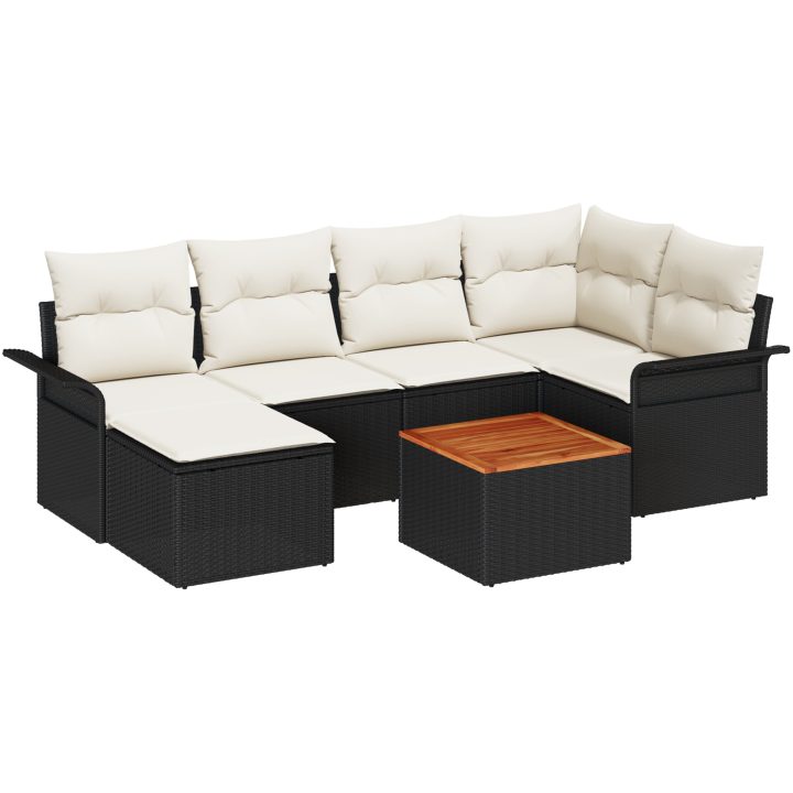 7-delat trädgårdsoffaset med kuddar svart poly rattan akacia vidaXL 55 x 55 x 37 cm – bild 2