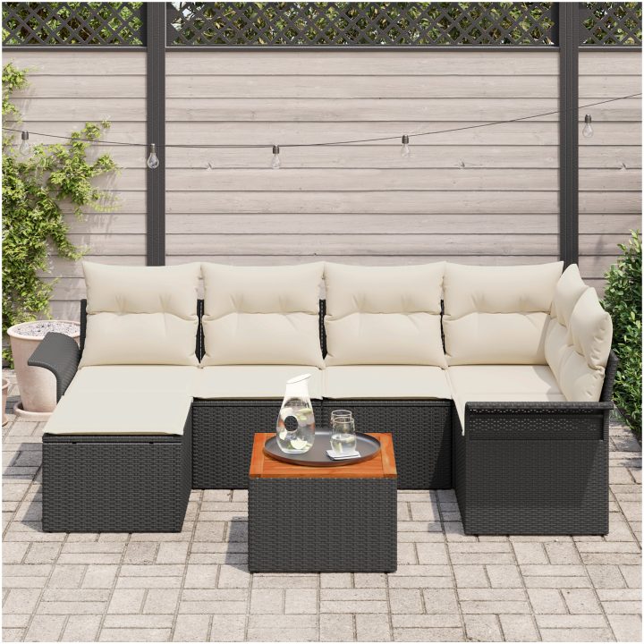 7-delat trädgårdsoffaset med kuddar svart poly rattan akacia vidaXL 55 x 55 x 37 cm – bild 3