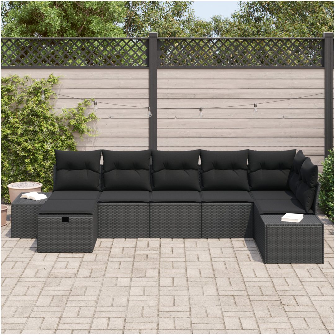 7-delat trädgårdsoffaset med kuddar svart poly rotting vidaXL 319 x 154 x 85 cm – bild 3