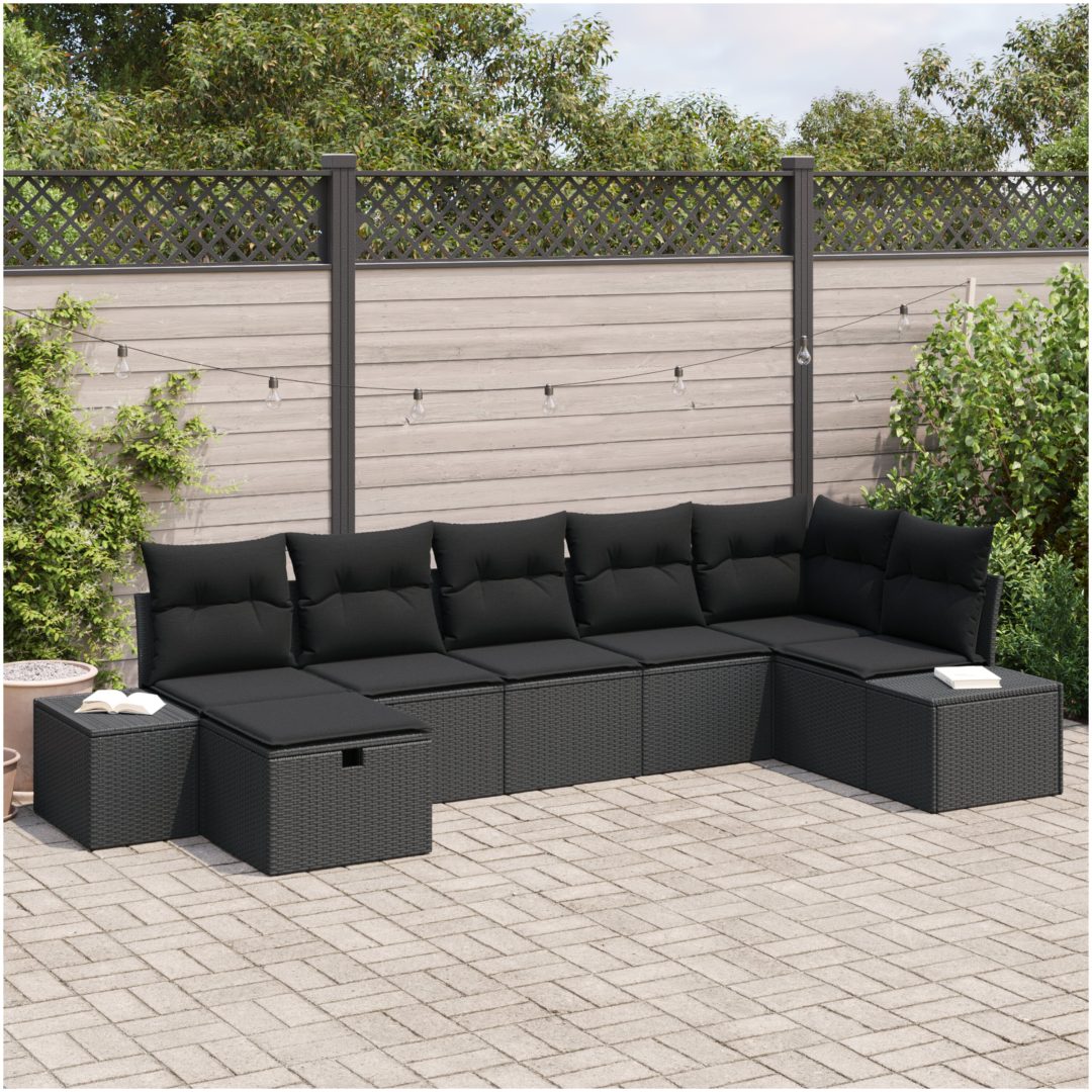 7-delat trädgårdsoffaset med kuddar svart poly rotting vidaXL 319 x 154 x 85 cm