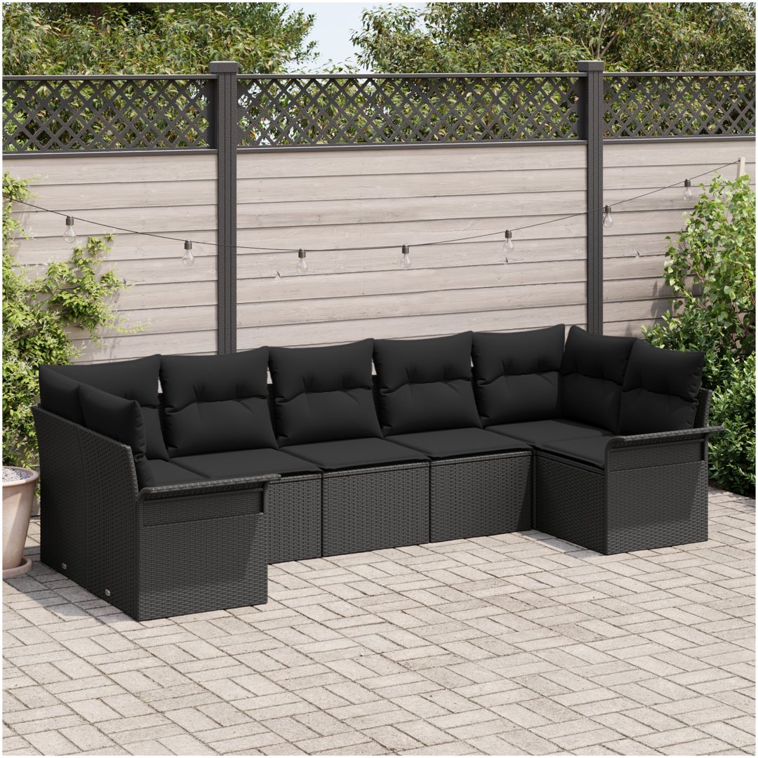 7-delat trädgårdsoffaset med kuddar svart polyrotting vidaXL 289 x 132.5 x 85 cm