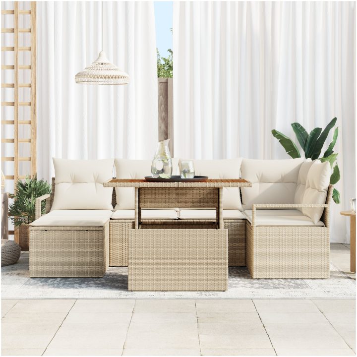 7-delat trädgårdsoffasett med kuddar beige poly rotting akacia vidaXL Enkel, mellan, 120 x 62 x 69 cm, 100 cm x 55 cm x 73 – bild 3