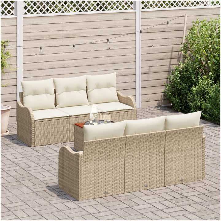 7-delat trädgårdsoffasett med kuddar beige polyroting akacia vidaXL Stor – bild 3
