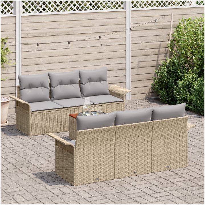 7-delat trädgårdsoffasett med kuddar beige polyrotting akacia vidaXL Medium – bild 3