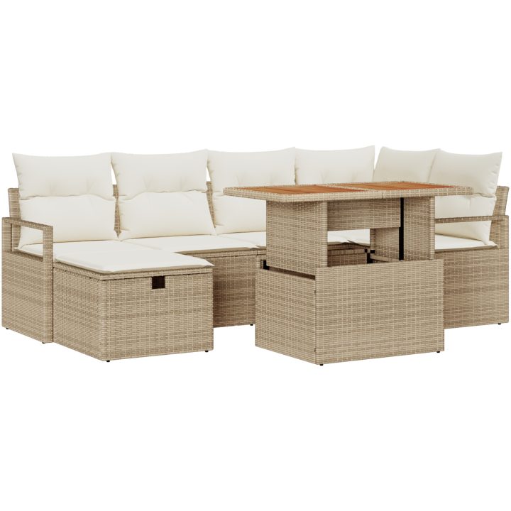 7-delat trädgårdsoffasett med kuddar i beige poly rattan vidaXL Medel – bild 2