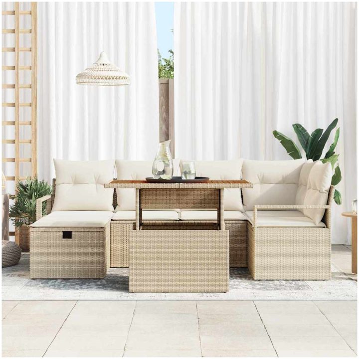 7-delat trädgårdsoffasett med kuddar i beige poly rattan vidaXL Medel – bild 3