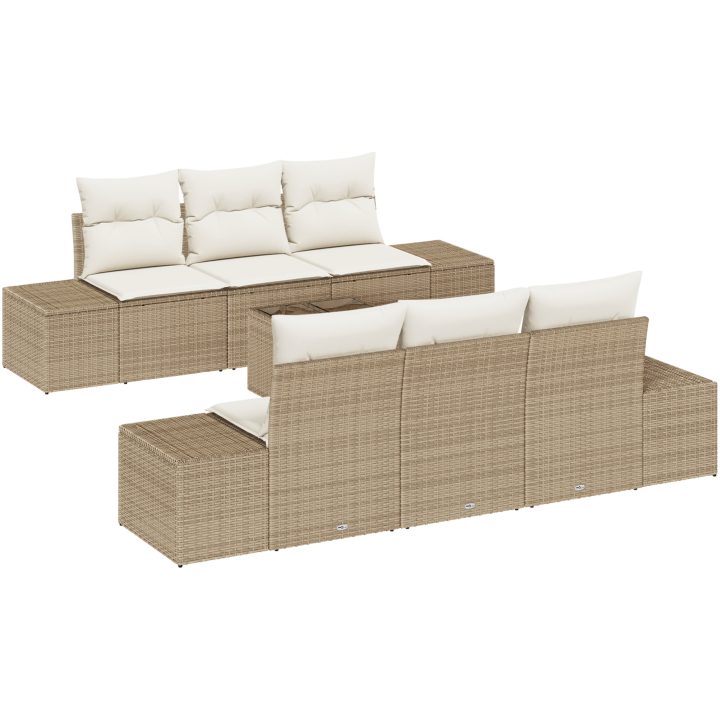 7-delat trädgårdsoffassett med kuddar beige polyrotting vidaXL Large – bild 2