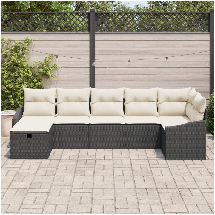 7-delat Trädgårdsofferset med kuddar Svart Poly Rottning vidaXL 55 x 62 x 69 cm – bild 3