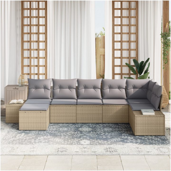 7-delat trädgårdsoffeset med kuddar i beige poly rattan vidaXL 319 x 154 x 69 cm – bild 3