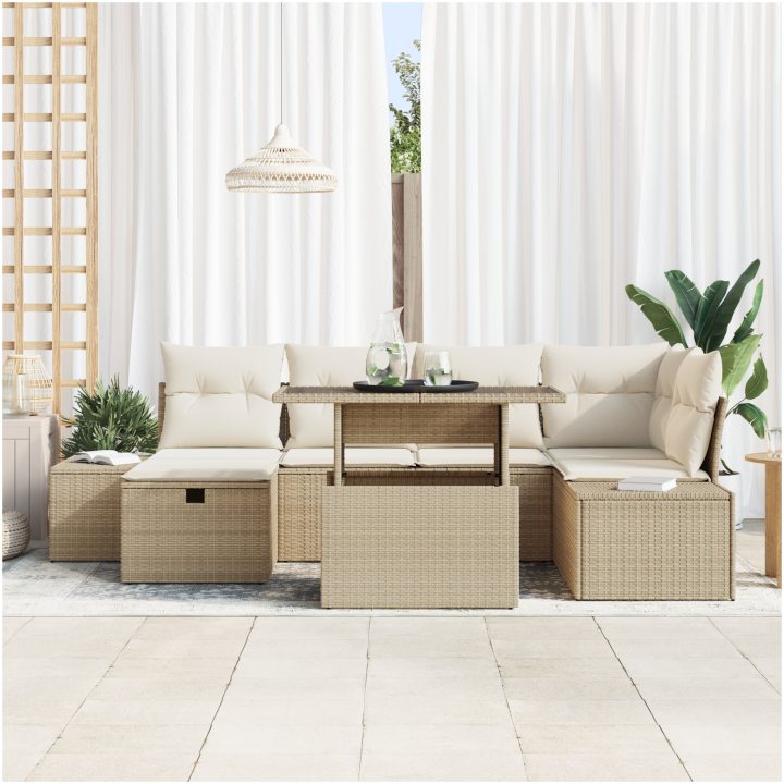 7-delat trädgårdsoffset med dynor beige poly rotting vidaXL 100 x 55 x 73 cm – bild 3