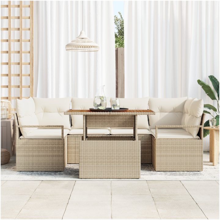 7-delat Trädgårdsoffset med Kuddar Beige Poly-rotning Akacia vidaXL Stort – bild 3