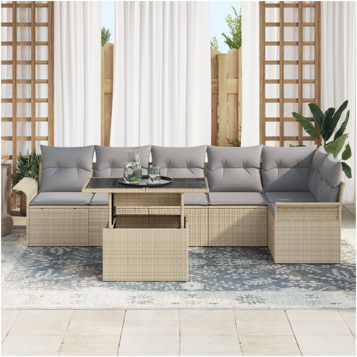 7-delat trädgårdsoffset med kuddar beige poly rotting vidaXL 100 x 55 x 73 cm – bild 3