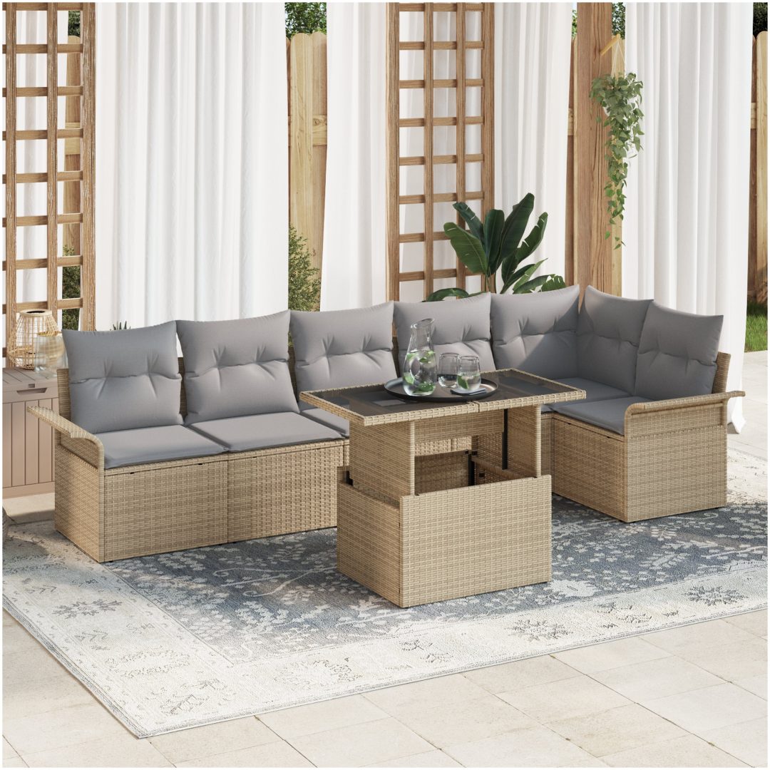7-delat trädgårdsoffset med kuddar beige poly rotting vidaXL 100 x 55 x 73 cm