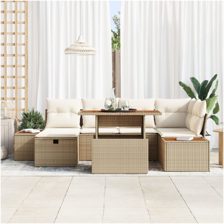 7-delat Trädgårdsoffset med kuddar Beige Polyrotang vidaXL 55 x 55 x 37 cm – bild 3
