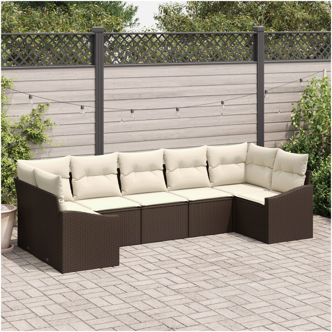 7-delat Trädgårdsoffset med Kuddar Brun Poly Rattang vidaXL 289 x 123.5 x 85 cm
